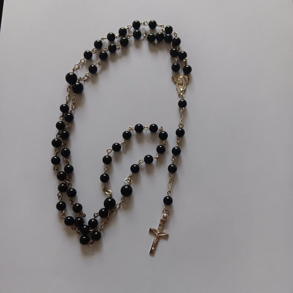 Stamped‎ 925 Mexico Sterling Silver Onyx Rosary Faith Religious Jesus